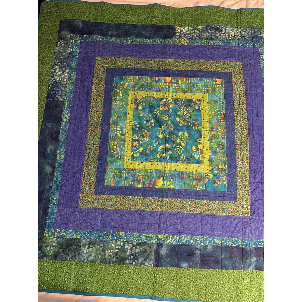 New Batik Lap Quilt Throw Blanket Handmade Machine Stitched Blue Green 58x58”